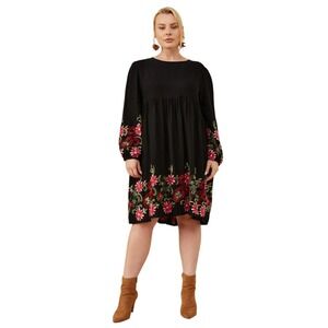 Hayden Los Angeles Embroidered Floral Babydoll Dress Black 1XL
